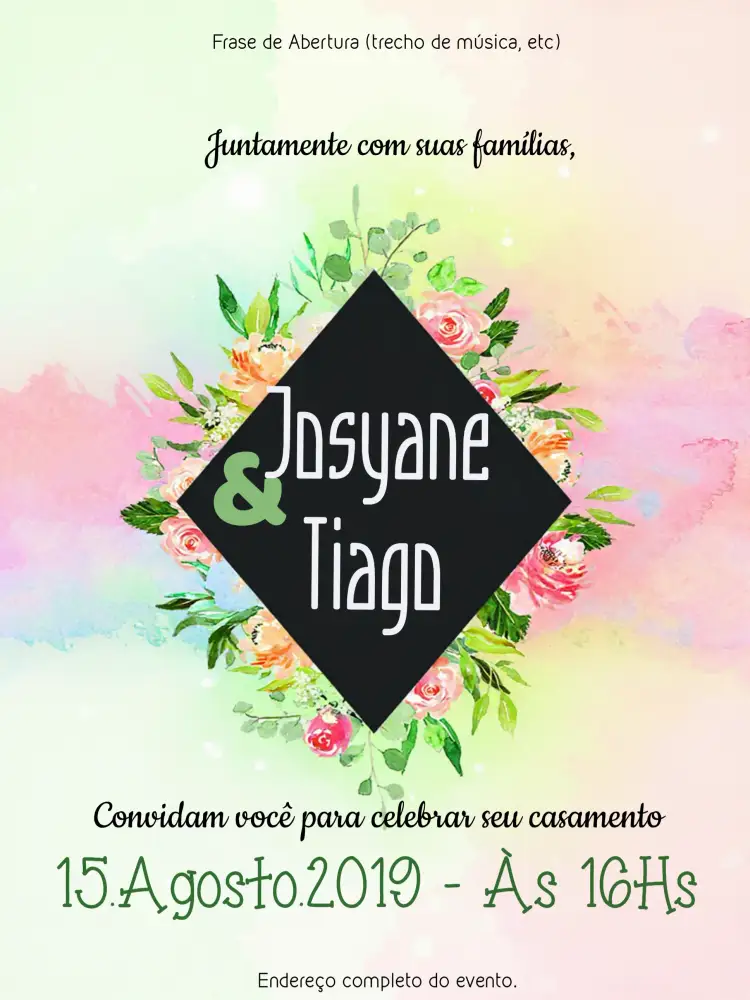Convite Casamento Floral Aquarela – tema Casamento floral, aquarela, romântico, boho, elegante, natural