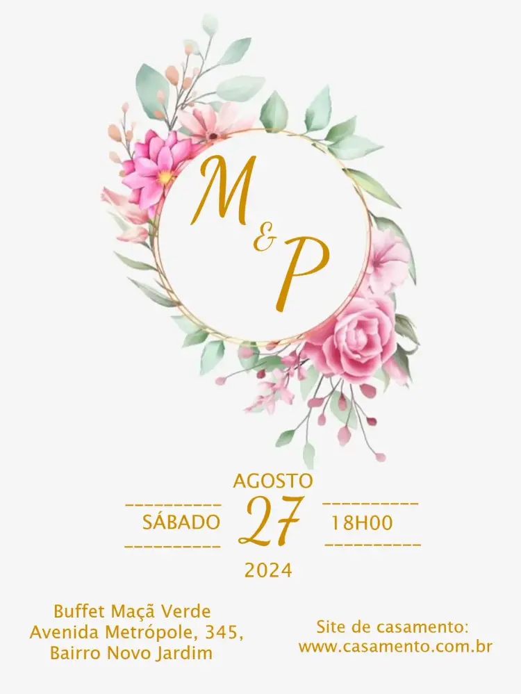 Convite Casamento Floral Aquarela – tema Casamento floral, aquarela, dourado, romântico, elegante, moderno