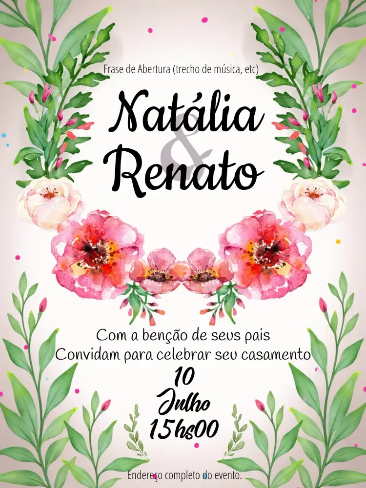 Convite Casamento Floral Aquarela – tema Casamento floral, aquarela, romântico, delicado, elegante, colorido
