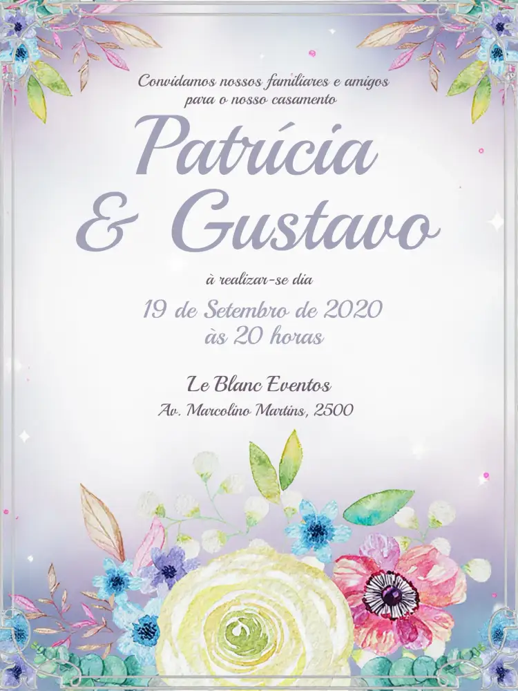 Convite Casamento Floral Aquarela Aquaarela – tema Casamento floral, aquarela, romântico, delicado, natureza, elegante