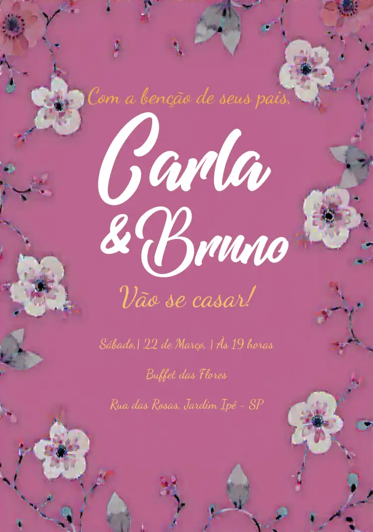 Convite Casamento Floral Aquarela - Magenta – tema Casamento floral, aquarela, romântico, moderno, elegante, colorido