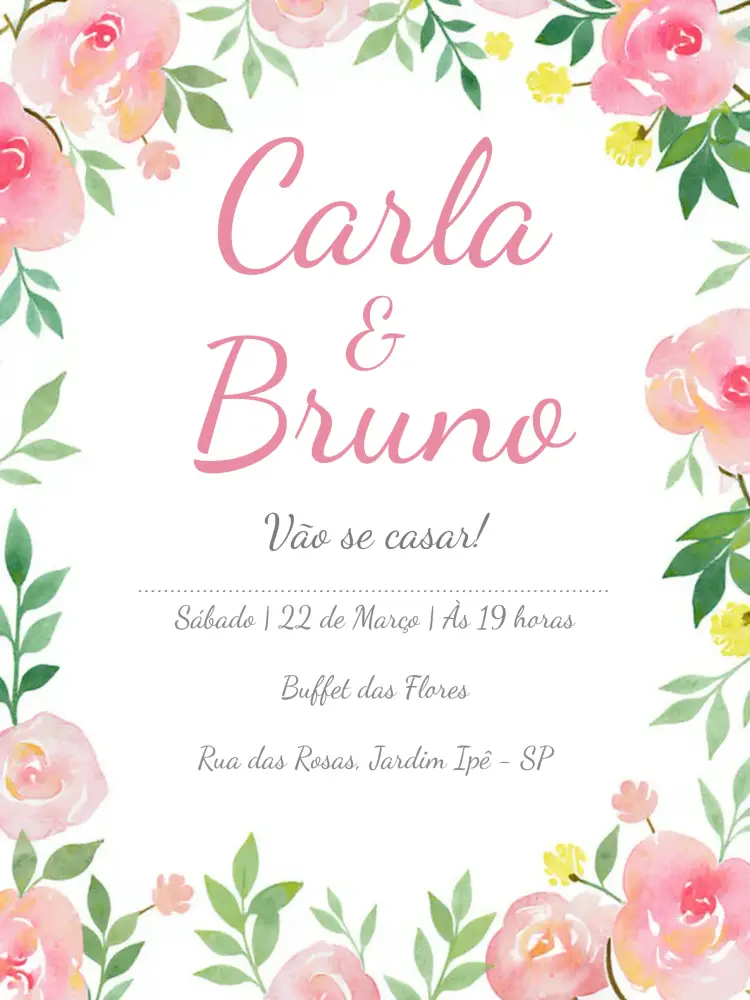 Convite Casamento Floral Aquarela - Rosa