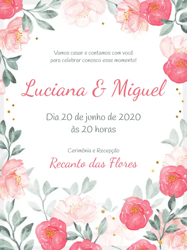 Convite Casamento Floral Aquarela Rosa – tema Casamento floral, aquarela, romântico, elegante, sustentável, moderno