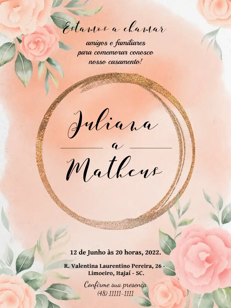 Convite Casamento Floral Arco – tema Casamento floral, elegante, romântico, dourado, minimalista