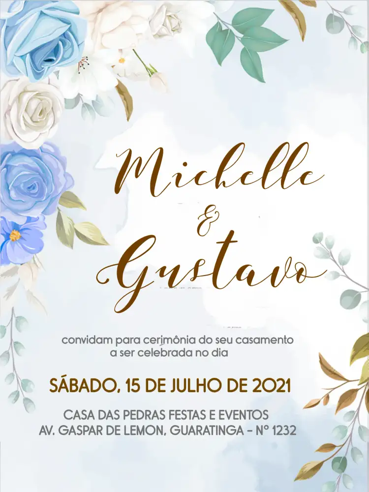 Convite Casamento Floral Azul – tema Casamento floral, moderno, elegante, azul, romântico, natural