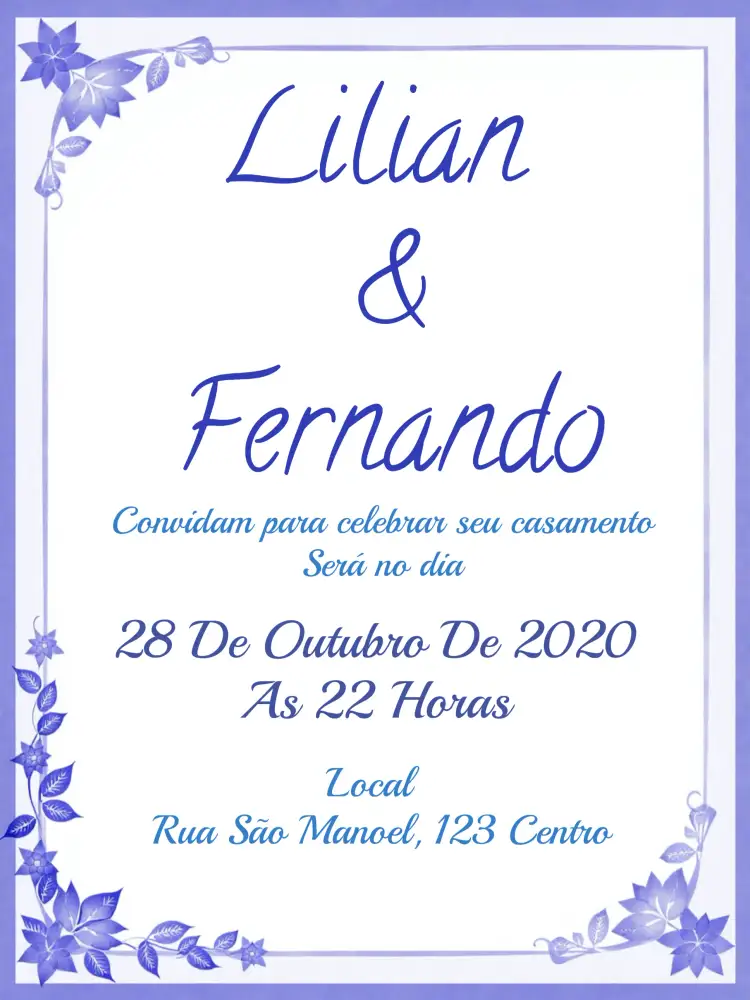 Convite Casamento Floral Azul – tema Casamento floral, elegante, moderno, rústico, romântico, natural