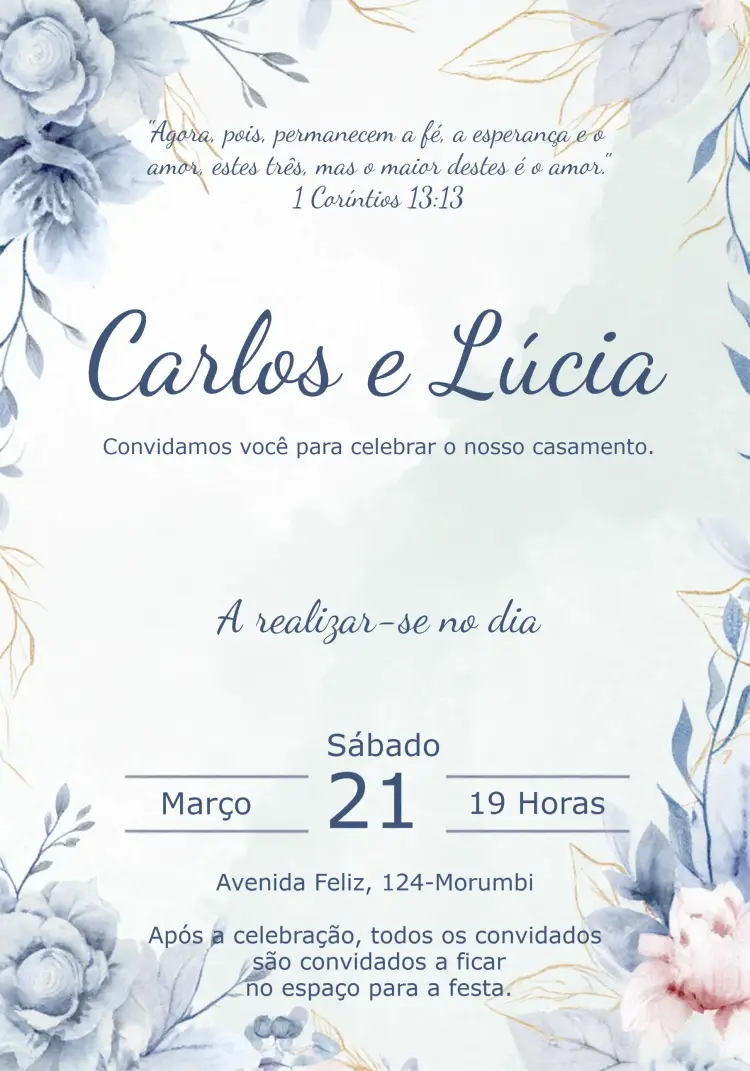 Convite Casamento Floral Azul editável e personalizável