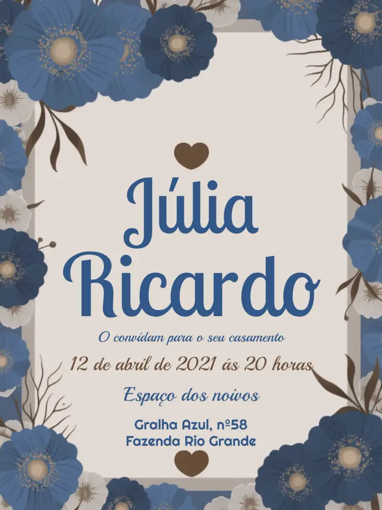 Convite Casamento Floral Azul – tema Casamento floral, romântico, elegante, azul, minimalista