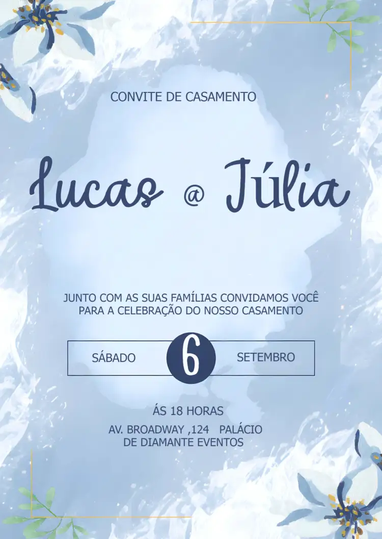Convite Casamento Floral Azul Noiva – tema Casamento floral, aquarela, romântico, suave, moderno, elegante