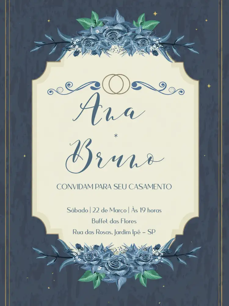 Convite Casamento Floral Branco – tema Casamento floral, vintage, elegante, romântico, bege e branco, azul
