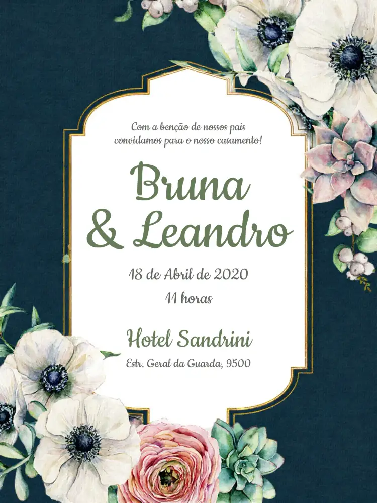 Convite Casamento Floral - Branco E Dourado – tema Casamento floral, dourado, romântico, elegante, moderno, minimalista