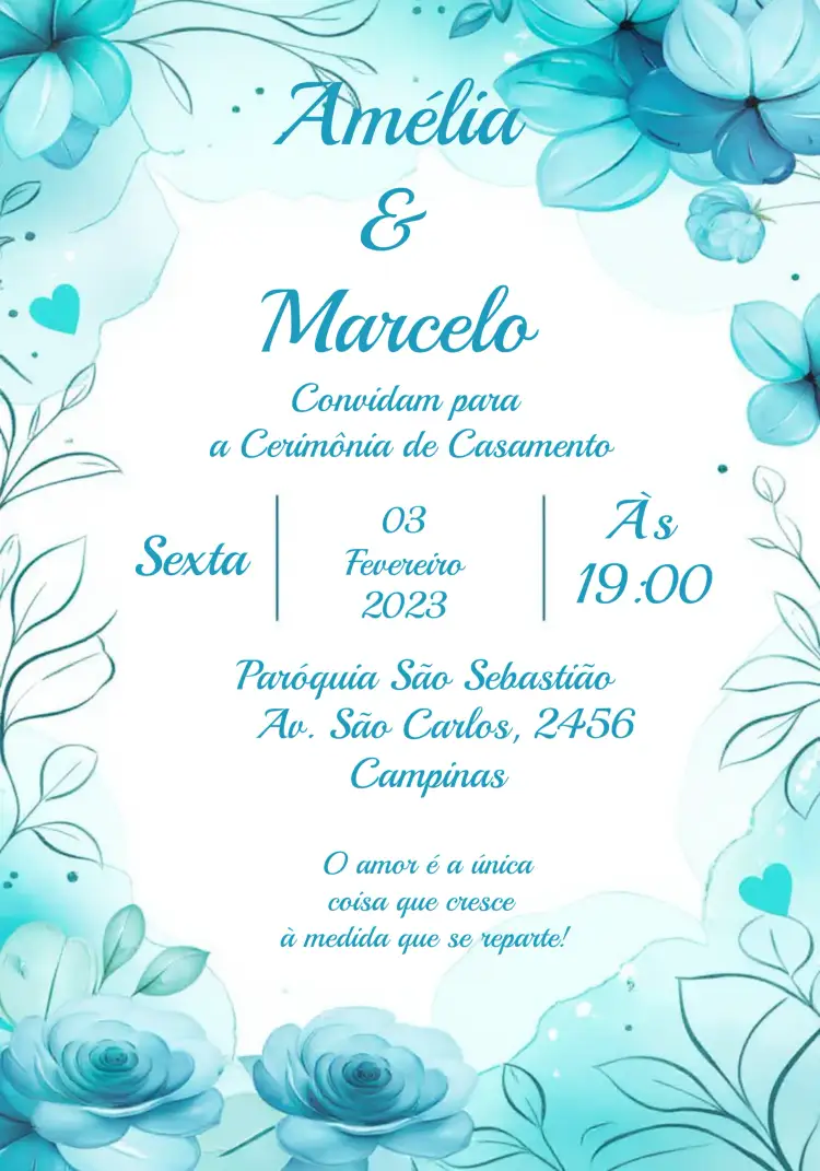 Convite Casamento Floral Claro – tema Casamento floral, romântico, suave, moderno, natureza, elegante