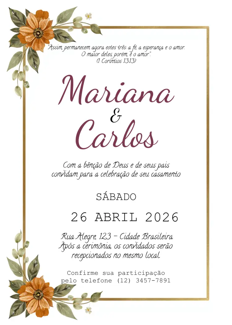 Convite Casamento Floral Delicado editável e personalizável
