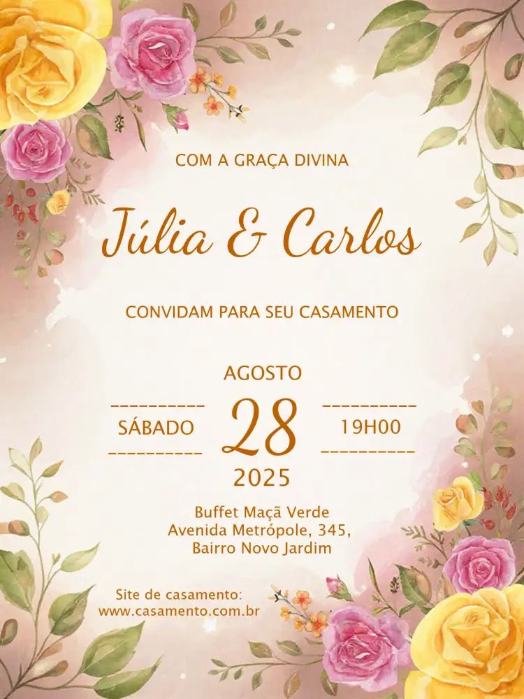 Convite Casamento Floral Delicado – tema Casamento floral, delicado, romântico, colorido, moderno