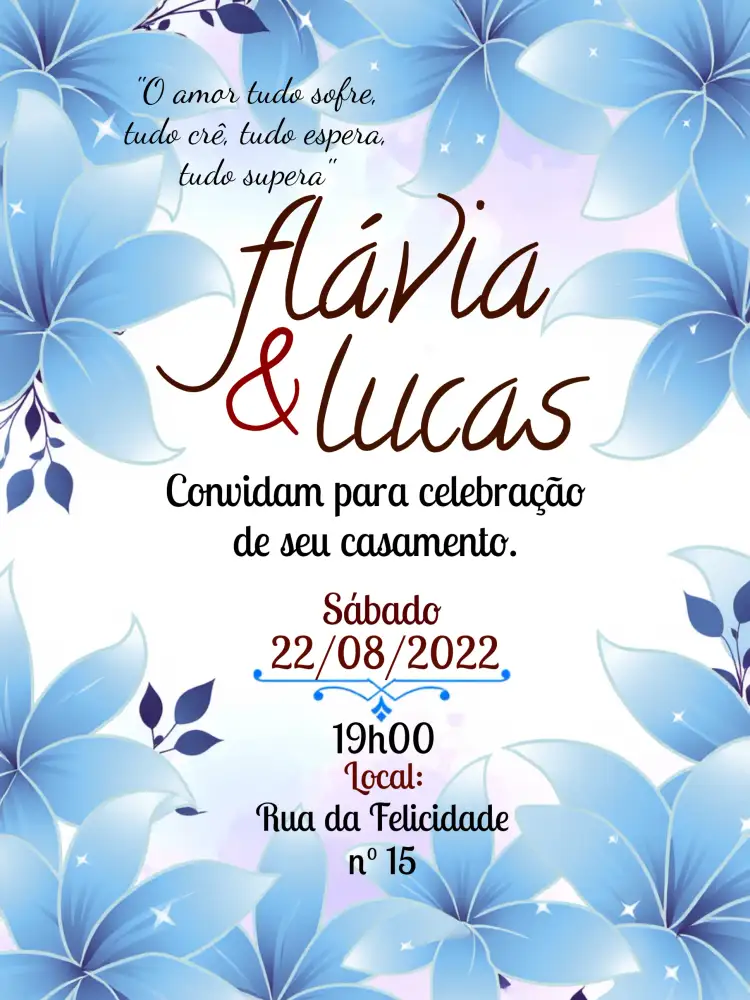 Convite Casamento Floral Digital – tema Casamento floral, moderno, elegante, azul e branco, minimalista, romântico