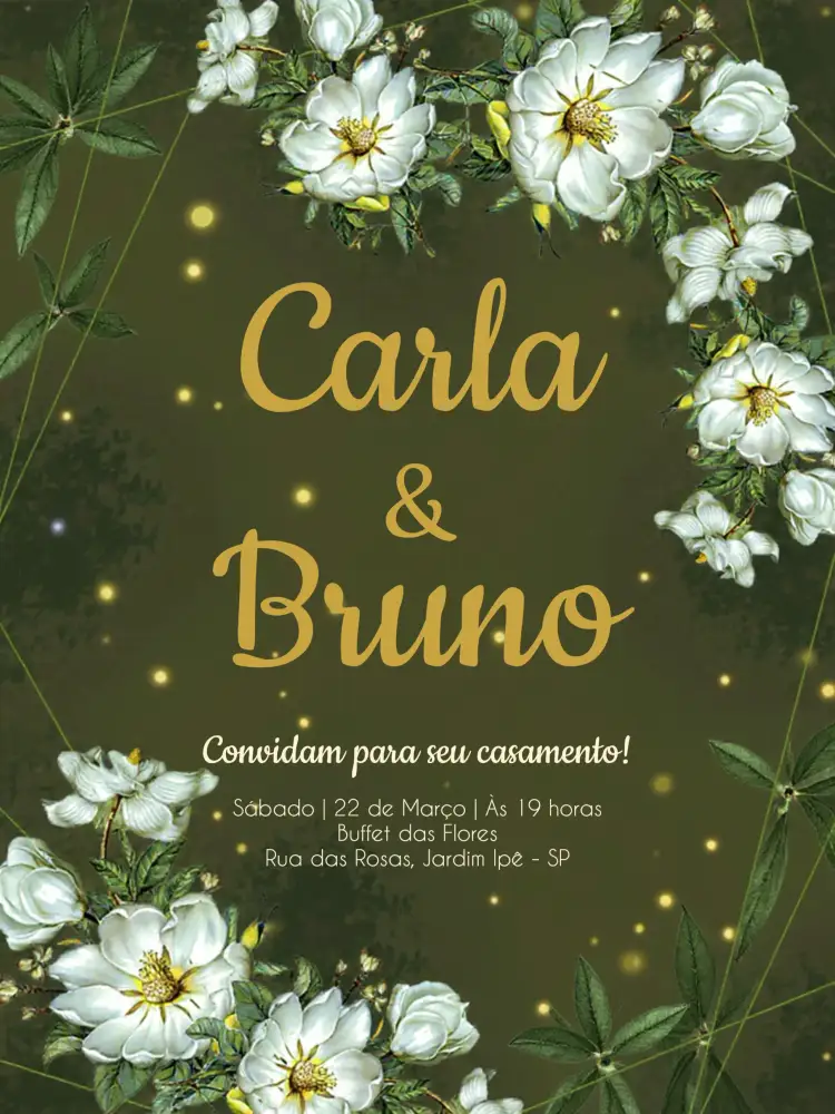 Convite Casamento Floral Dourado – tema Casamento floral, dourado, elegante, romântico, moderno, clássico