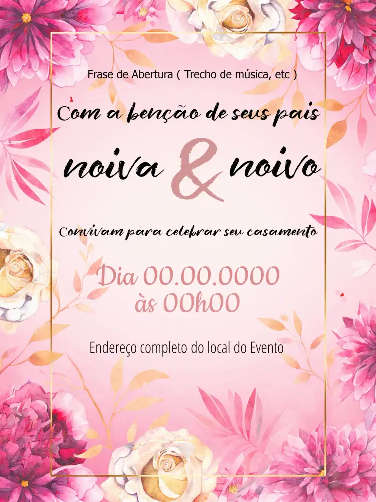 Convite Casamento Floral Dourado – tema Casamento floral, dourado, romântico, elegante, sutil, moderno