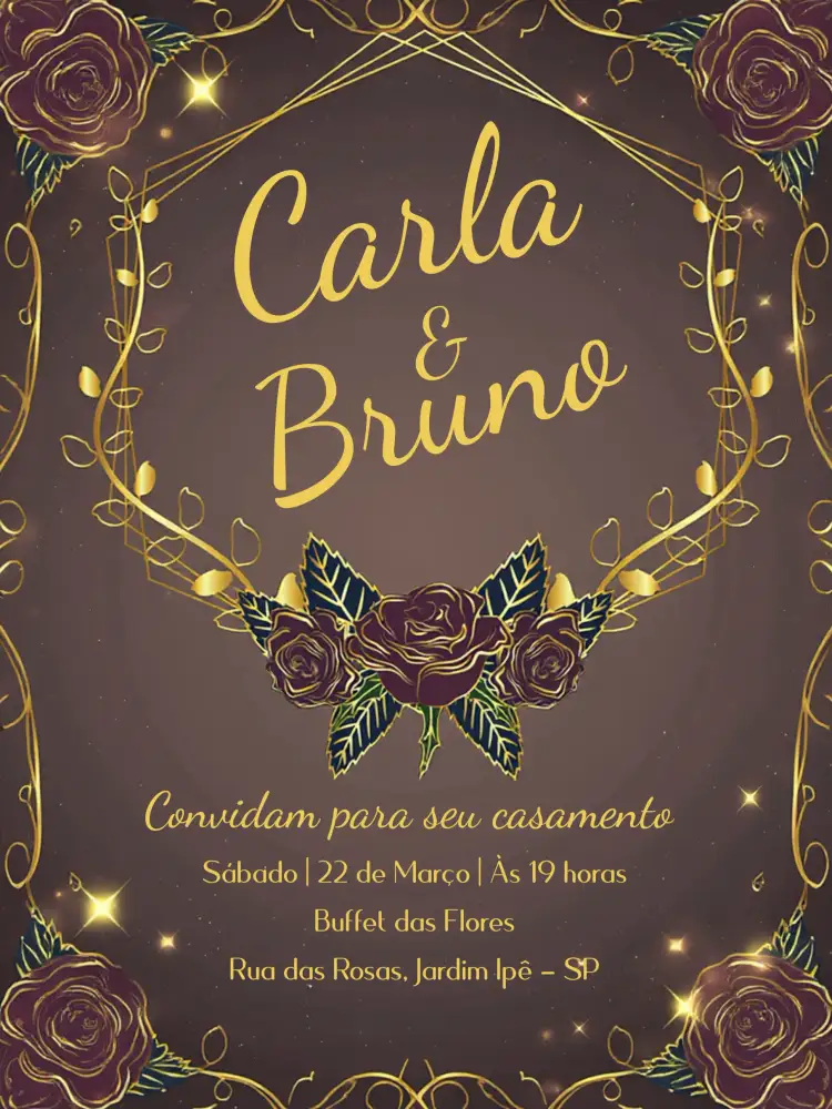 Convite Casamento Floral Dourado – tema Casamento floral, dourado, romântico, elegante, clássico, luxuoso