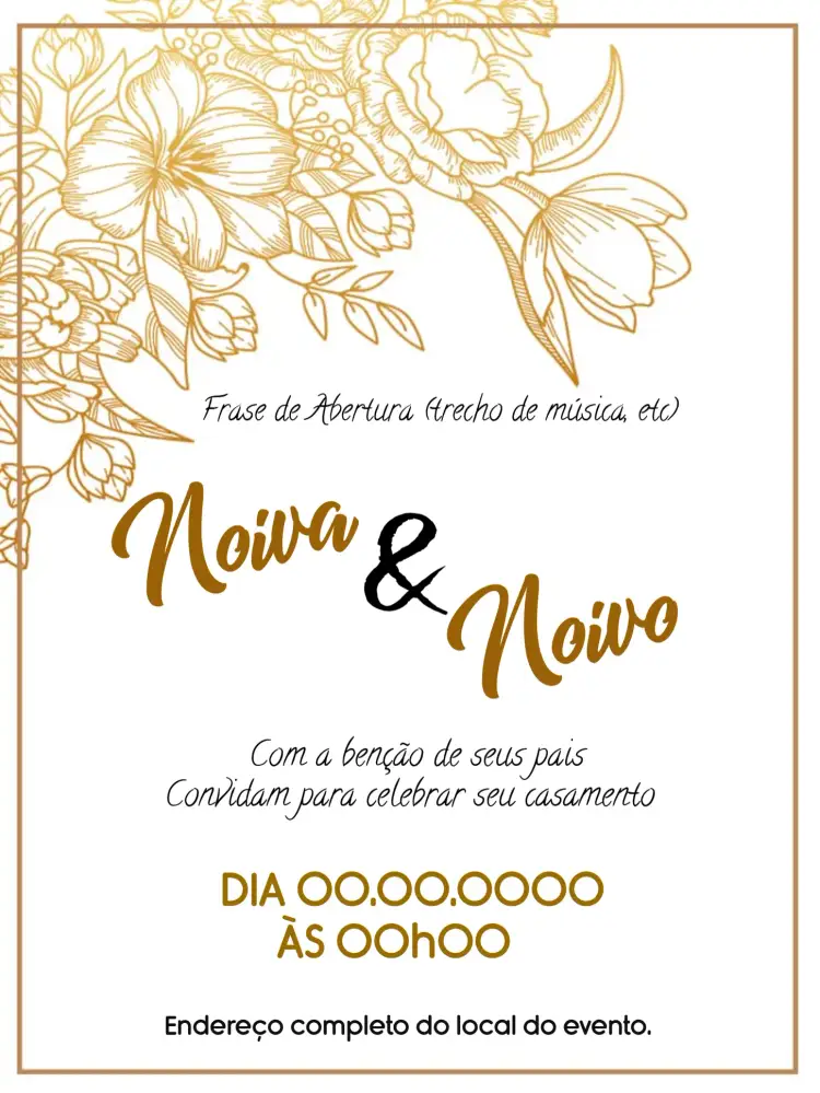 Convite Casamento Floral Dourado – tema Casamento floral, dourado, elegante, romântico, clássico, minimalista