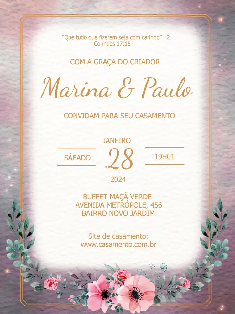 Convite Casamento Floral Dourado – tema Casamento floral, dourado, elegante, romântico, moderno, clássico