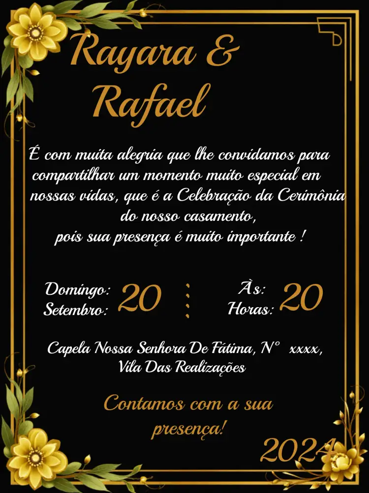 Convite Casamento Floral Dourado Preto – tema Casamento floral, dourado, preto, moderno, elegante, romântico