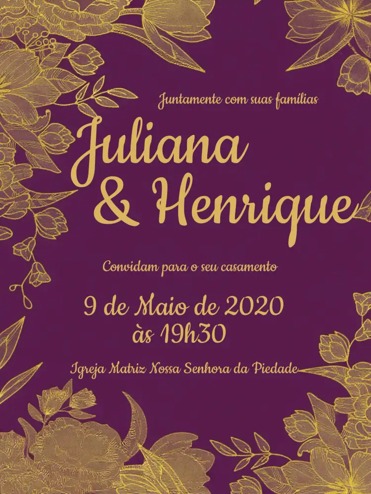 Convite Casamento Floral Dourado Simples – tema Mais pesquisados floral, dourado, moderno, clássico, elegante, colorido