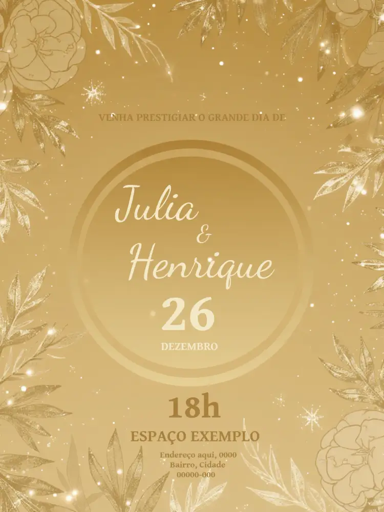 Convite Casamento Floral Elegante – tema Casamento floral, elegante, dourado, romântico, minimalista, moderno