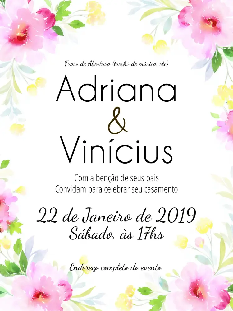 Convite Casamento Floral Flores – tema Casamento floral, romântico, elegante, rústico, minimalista, moderno