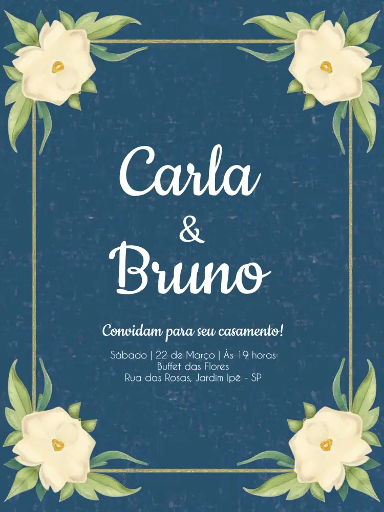 Convite Casamento Floral Flores – tema Casamento floral, romântico, elegante, azul e branco, vintage, moderno