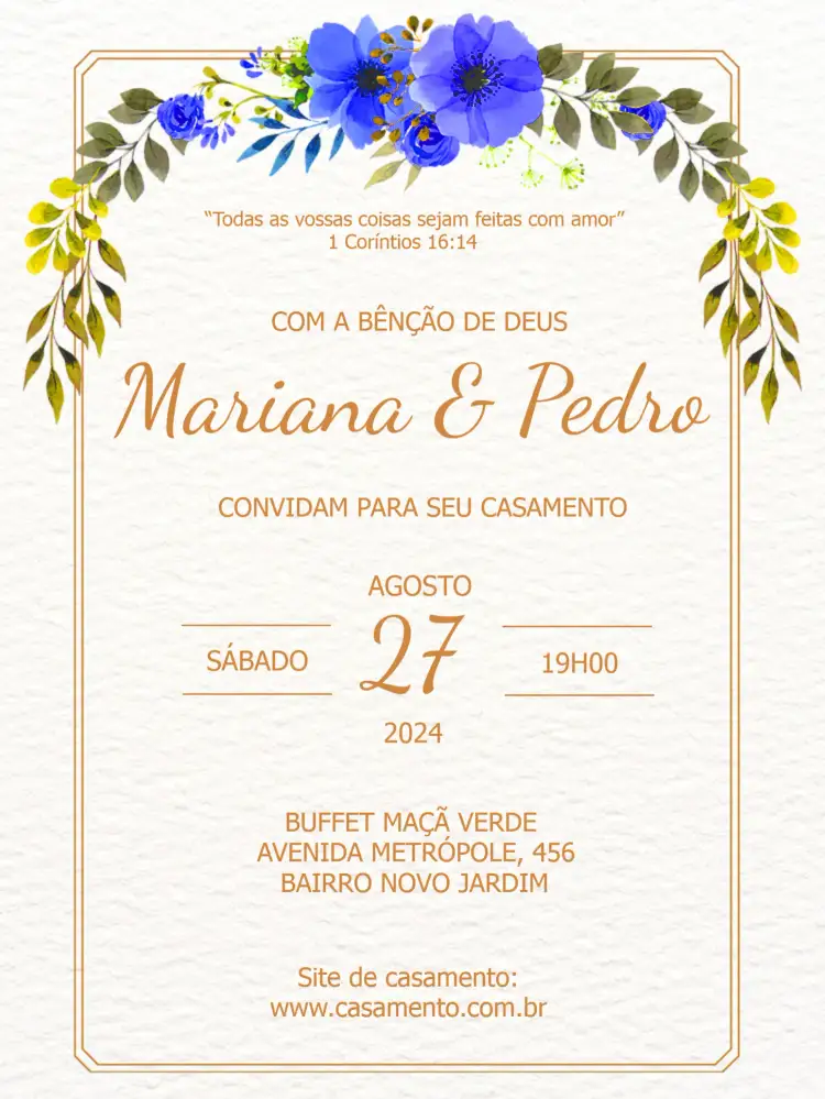 Convite Casamento Floral Flores – tema Casamento floral, dourado, delicado, elegante, azul e branco, romântico
