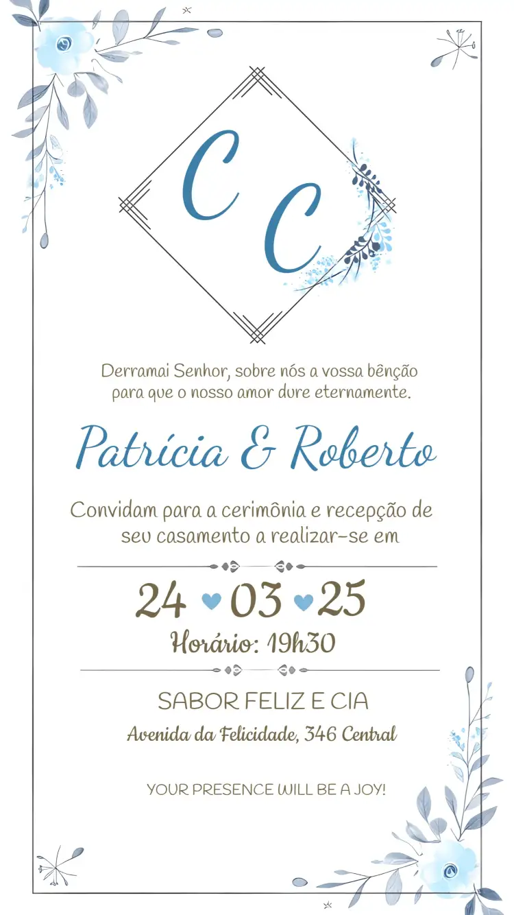 Convite Casamento Floral Flores – tema Casamento floral, elegante, azul, romântico, minimalista, natural