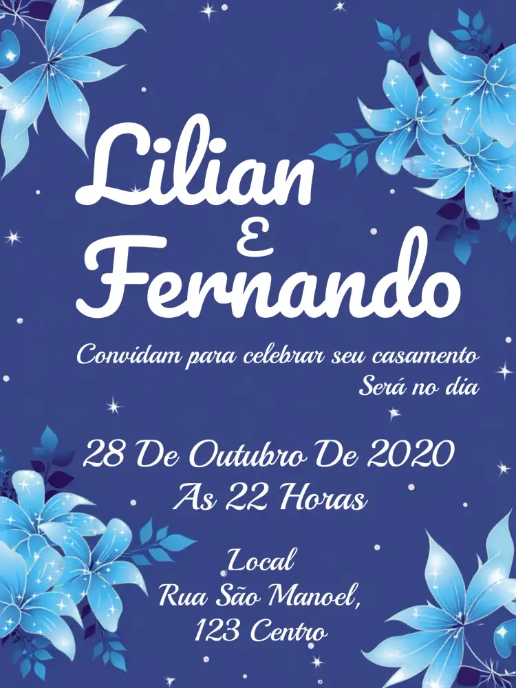 Convite Casamento Floral Flores – tema Casamento floral, azul escuro, romântico, elegante, moderno, natural