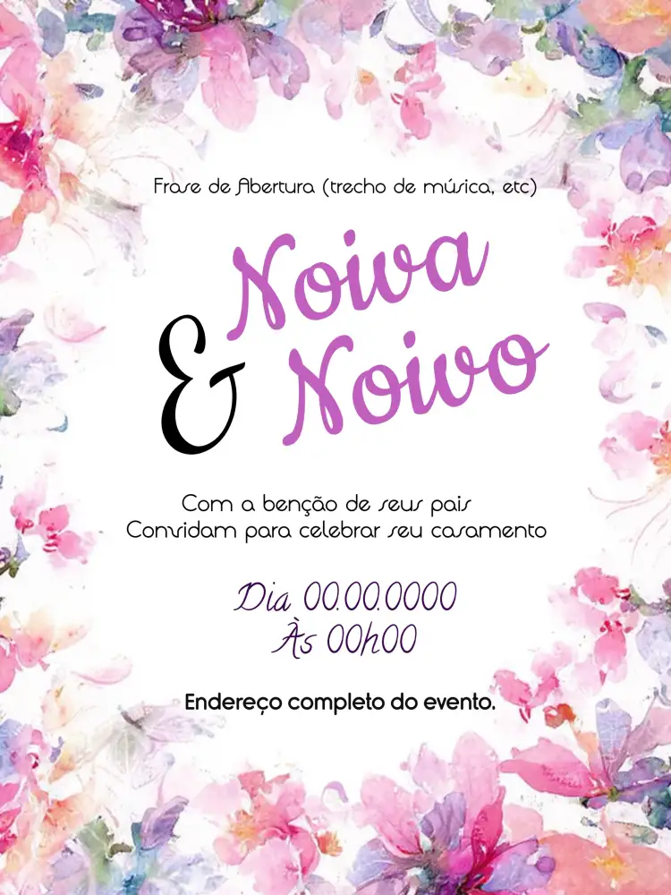 Convite Casamento Floral Lilás – tema Casamento floral, romântico, aquarela, roxo, boho, moderno
