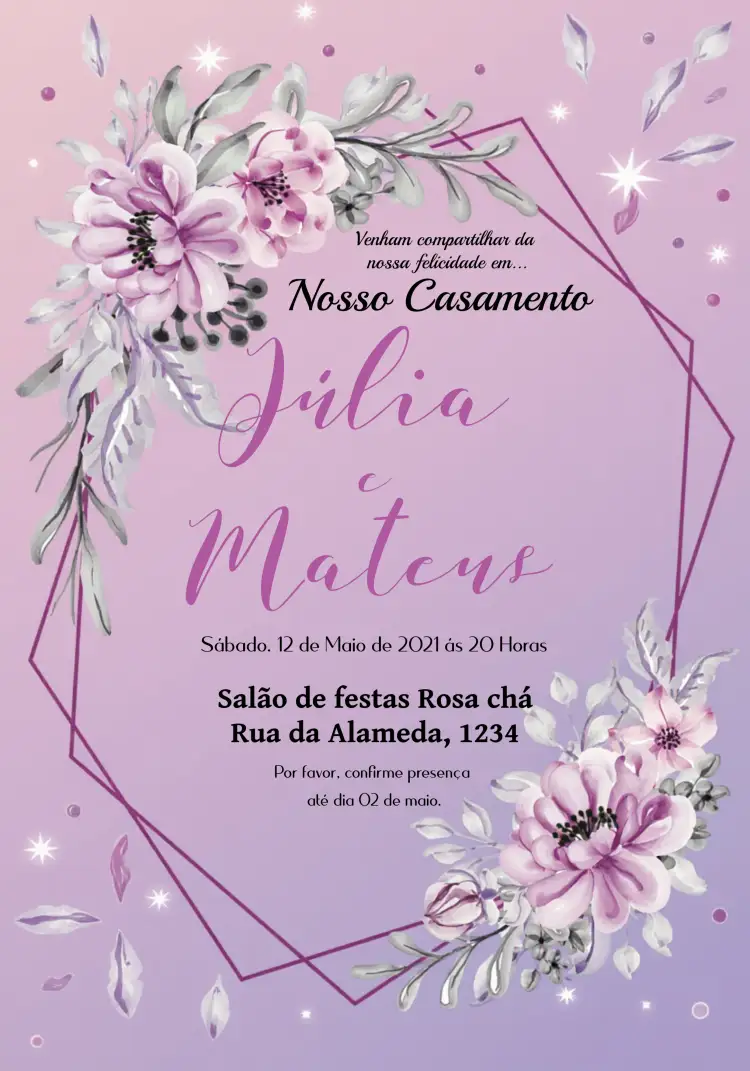 Convite Casamento Floral Lilaz – tema Casamento floral, romântico, moderno, elegante, suave, preto e lilaz