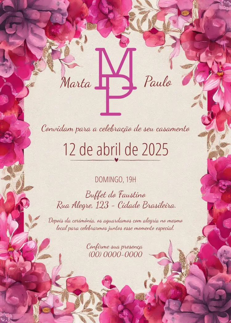 Convite Casamento Floral Magenta