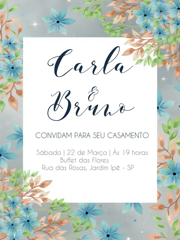 Convite Casamento Floral Minimalista Azul