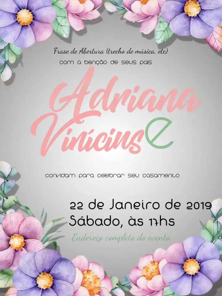 Convite Casamento Floral Moderno – tema Casamento floral, moderno, rosa, cinza, elegante, minimalista