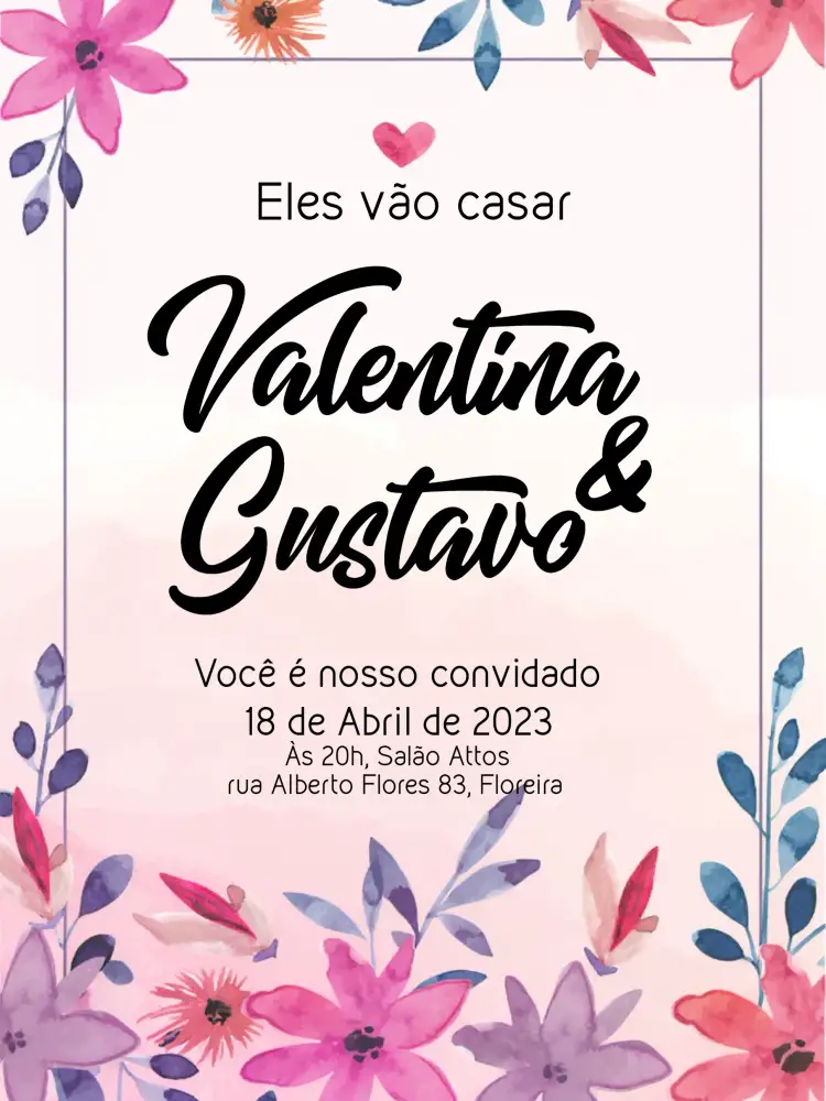 Convite Casamento Floral Moderno – tema Casamento floral, moderno, romântico, elegante, colorido, delicado