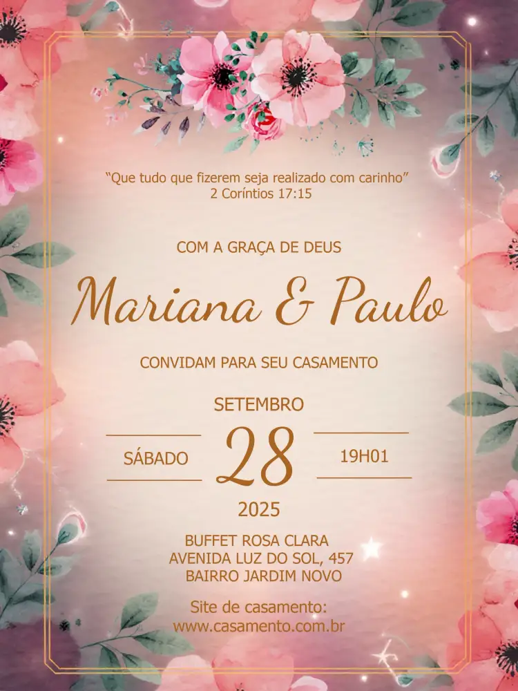 Convite Casamento Floral Rosa – tema Casamento floral, elegante, dourado, romântico, suave, moderno