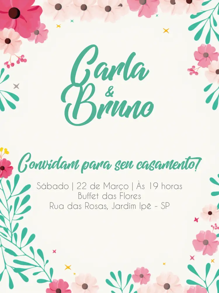 Convite Casamento Floral Rosa – tema Casamento floral, romântico, elegante, vintage, natural, pastel