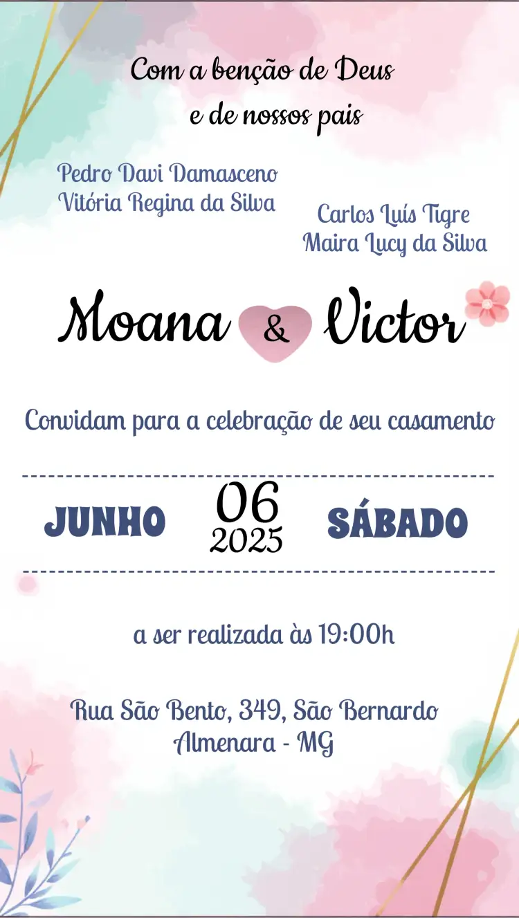 Convite Casamento Floral Rosa Aquarela – tema Casamento floral, aquarela, romântico, delicado, elegante, suave