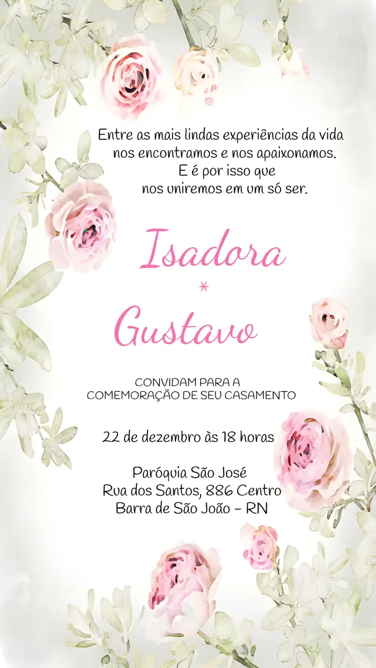 Convite Casamento Floral Rosa – tema Casamento floral, romântico, elegante, suave, moderno