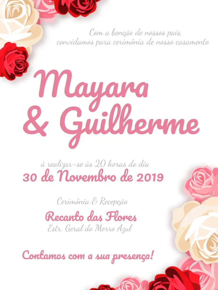Convite Casamento Floral - Rosas – tema Casamento floral, romântico, elegante, vintage, rústico, moderno