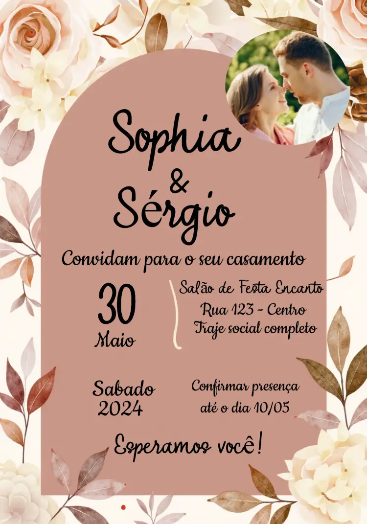 Convite Casamento Floral Rosê Com Foto Rosa