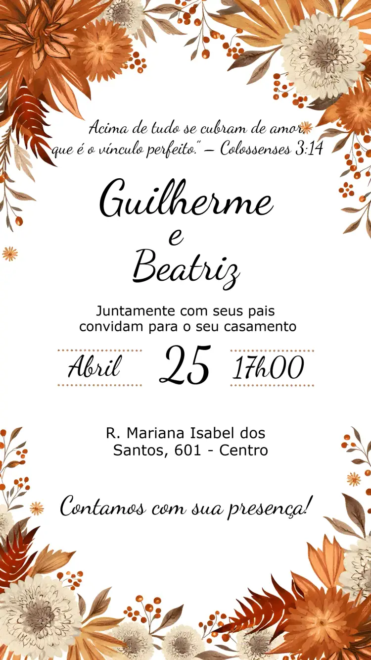 Convite Casamento Floral Terracota Delicado – tema Casamento floral, delicado, aquarela, rústico, natural, terrosos