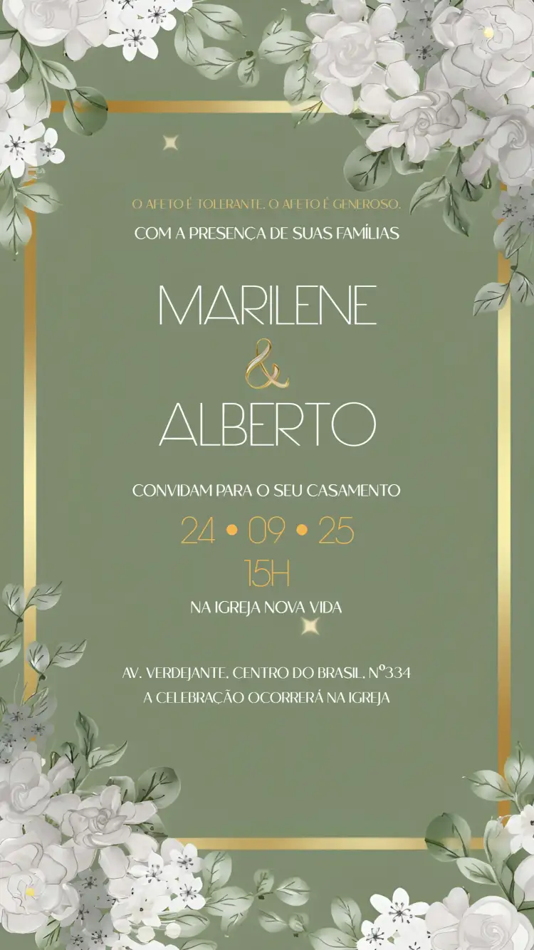 Convite Casamento Floral Verde – tema Casamento floral, moderno, elegante, verde, dourado, delicado