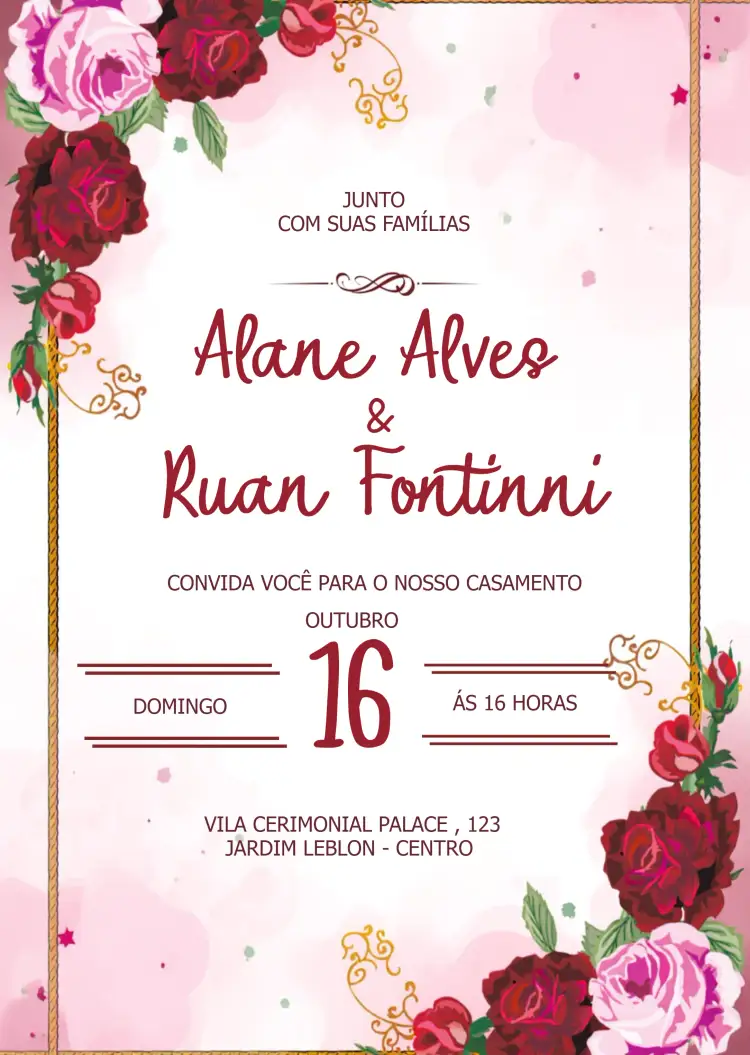 Convite Casamento Floral Vermelho – tema Casamento floral, romântico, vermelho, delicado, moderno, elegante