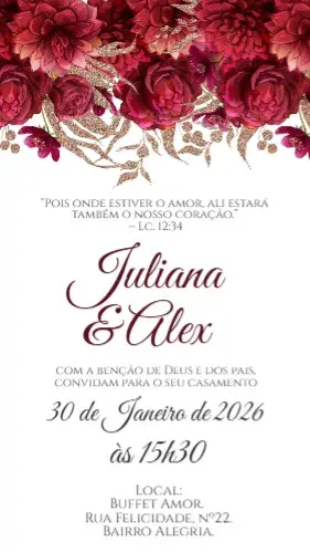Convite Casamento floral vermelho Vinho Burgund editável e personalizável