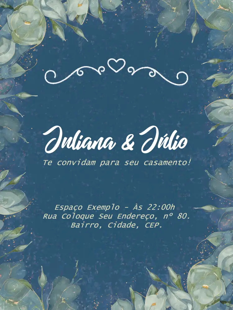 Convite Casamento Floral Vintage – tema Casamento floral, vintage, azul e branco, elegante, romântico, natural