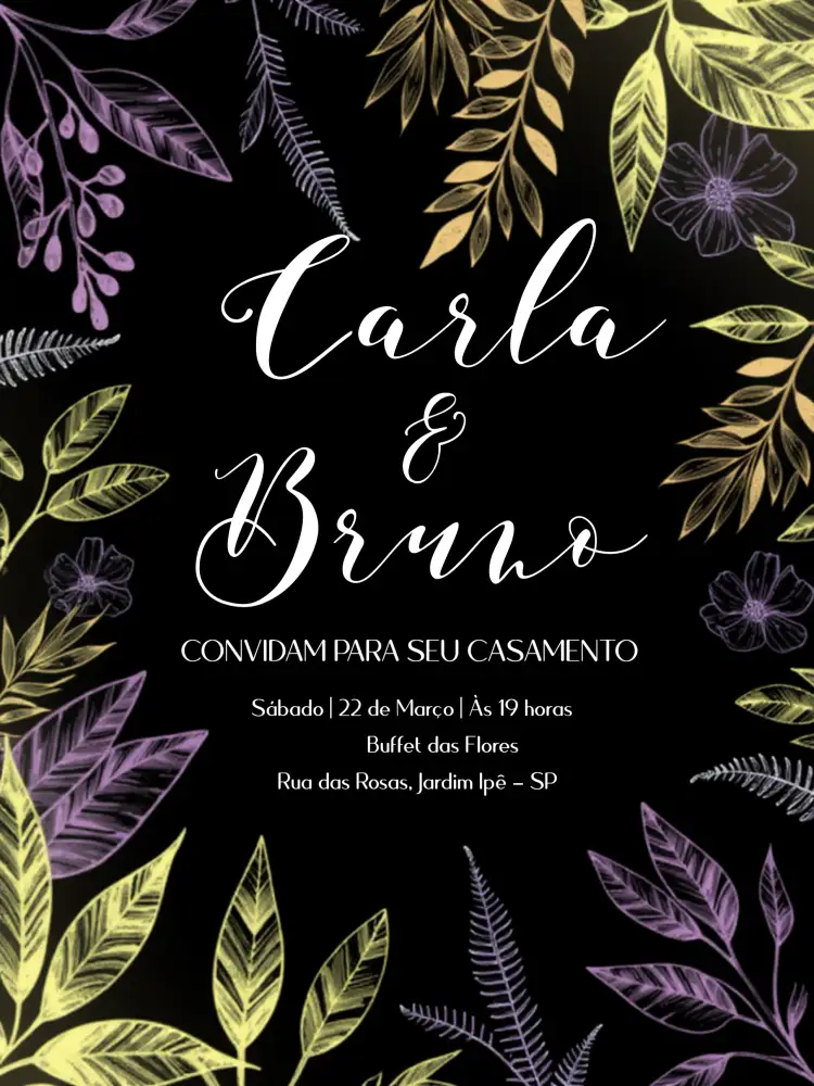 Convite Casamento Folhagem Colorido Preto
